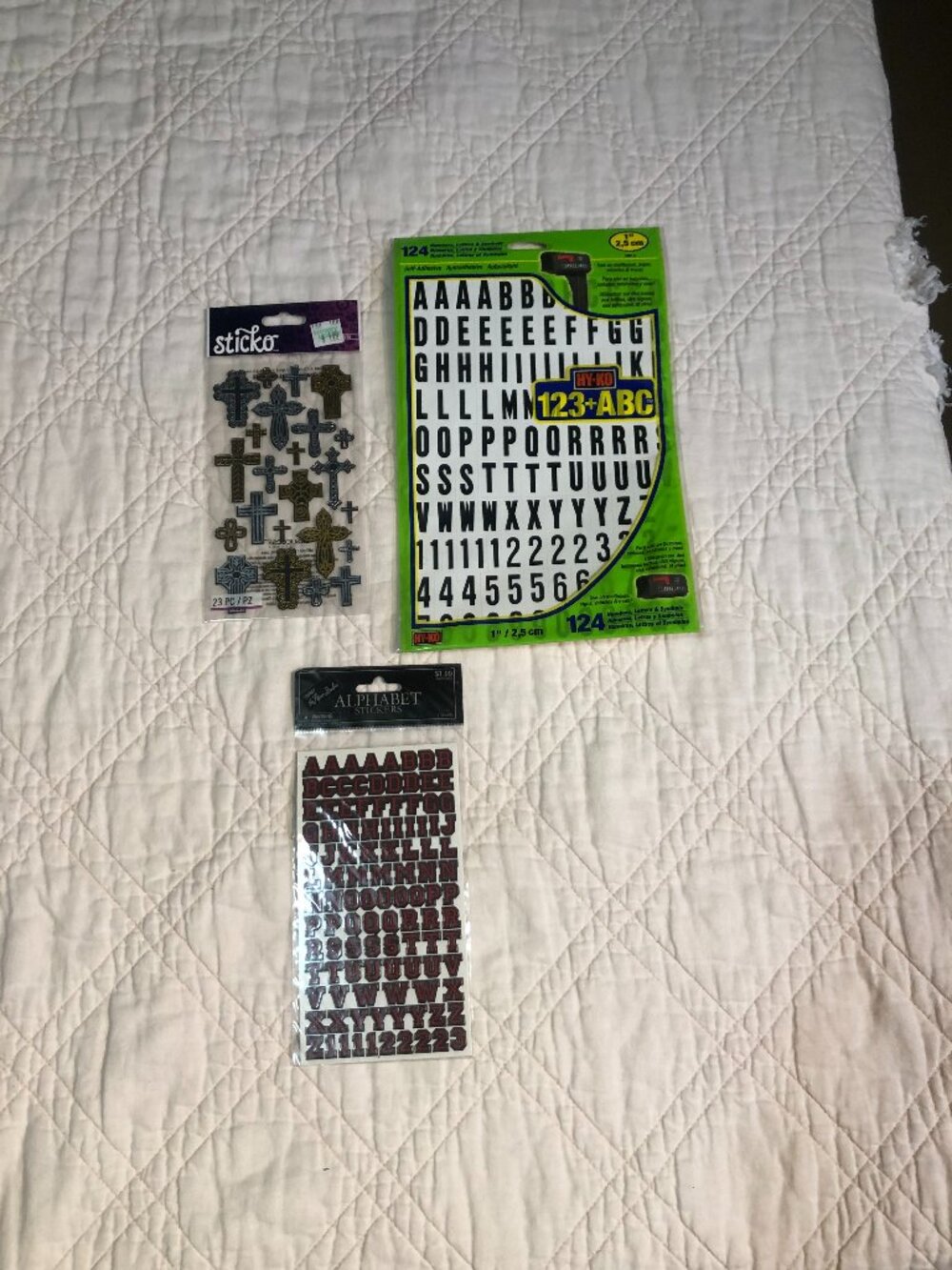 2 Alphabet/Numbers & 1 Crosses Stickers, Still in packages